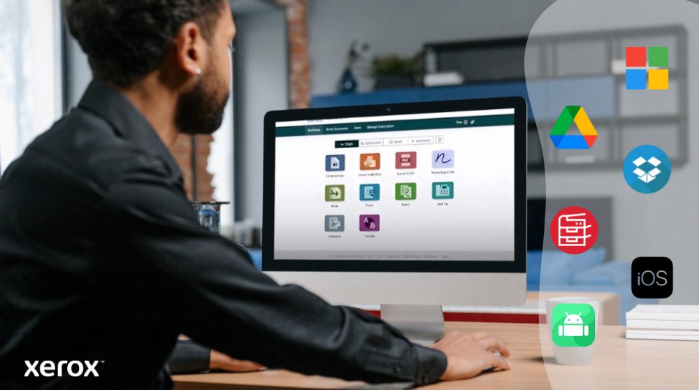 Plateforme Xerox® Workflow Central : compatibilité étendue des plateformes Une personne est assise à un bureau et regarde un écran d'ordinateur affichant l'interface Xerox Workflow Central. À droite, les icônes de Microsoft, Google Drive, Dropbox, un classeur, iOS et Android illustrent la compatibilité étendue.